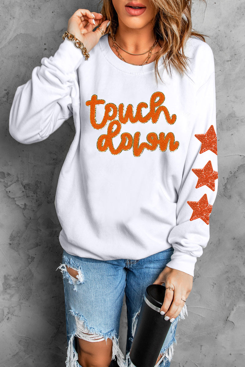 Beige Glittering Touch Down Patched Pattern Star Sleeve Sweatshirt