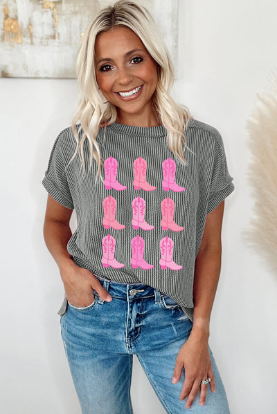 Medium Grey Ribbed Cowboy Boots Graphic T Shirt