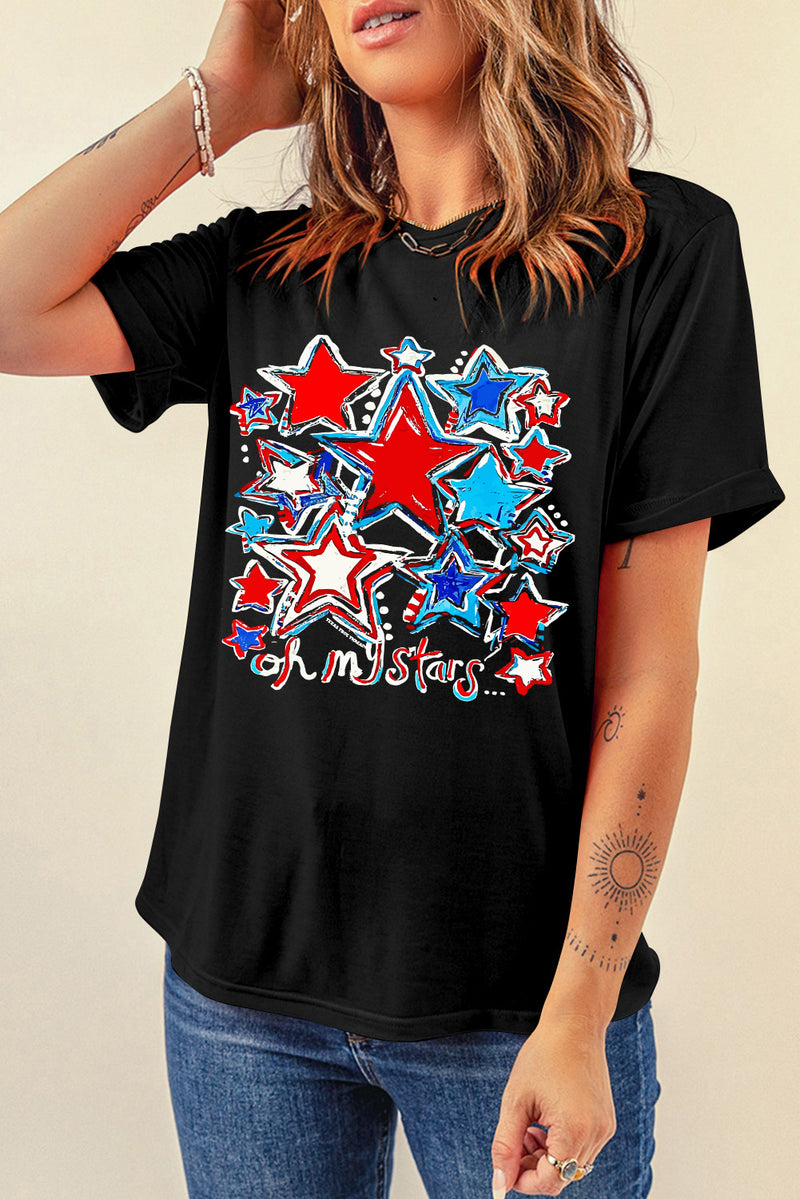 Black oh my stars Printed Flag Day T Shirt