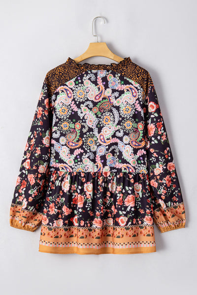 Black Plus Size Paisley Floral Print V Neck Bubble Sleeve Blouse