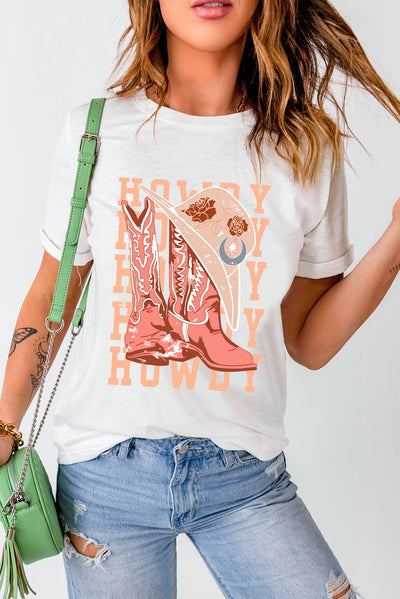 White HOWDY Cowboy Boots Graphic Crew Neck T Shirt