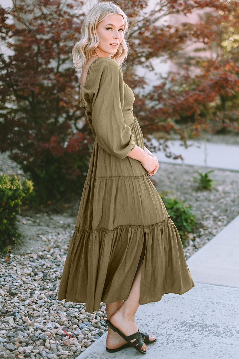 V Neck Bowknot Cutout Frill Tiered Maxi Dress