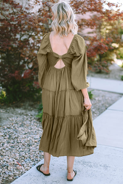 V Neck Bowknot Cutout Frill Tiered Maxi Dress