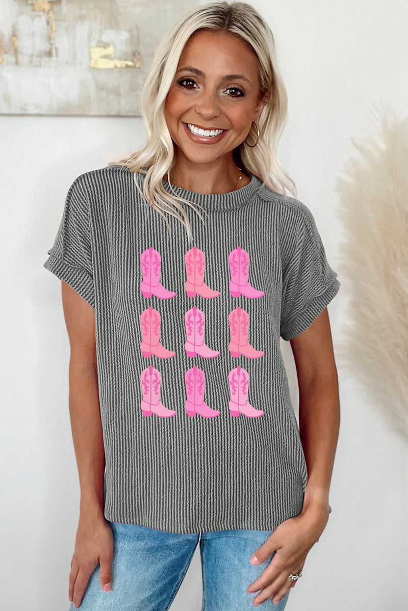 Medium Grey Ribbed Cowboy Boots Graphic T Shirt