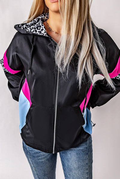 White Leopard Color Block Pockets Zip-up Hooded Jacket