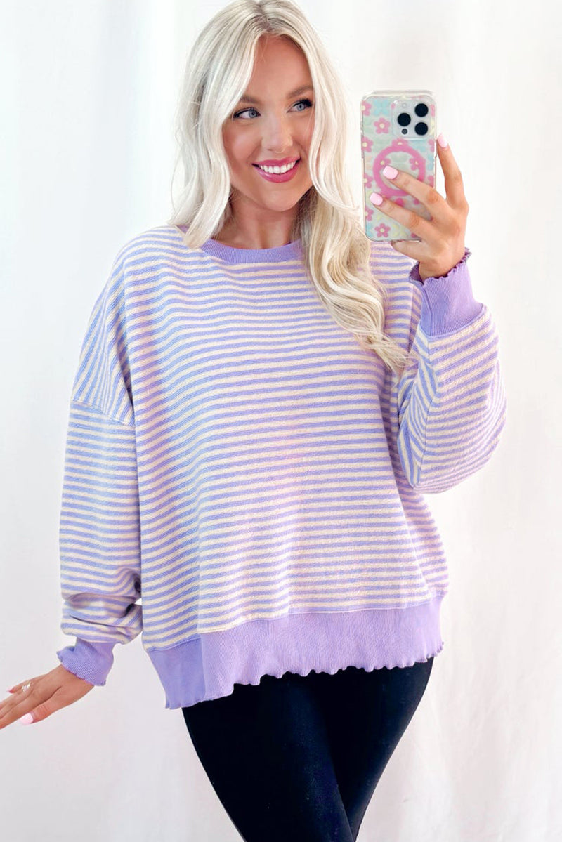 Green Stripe Loose Drop Shoulder Long Sleeve Top