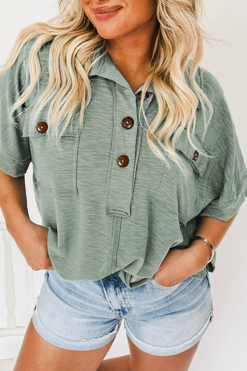Chest Pockets Half Buttoned Collared Blouse
