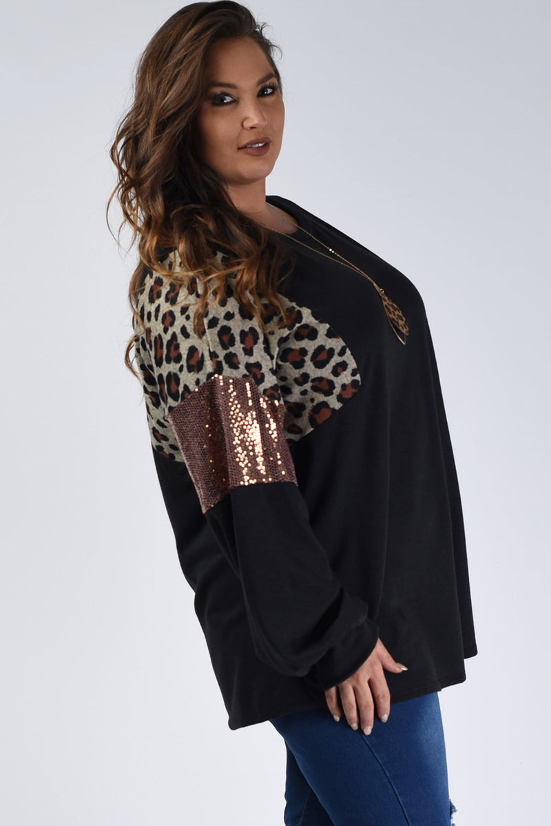 Black Leopard Sequin Patch Plus Size Long Sleeve Top