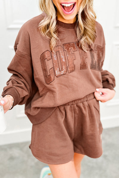 Black Sequined COFFEE Loose Fit Sweatshirt and Shorts Set