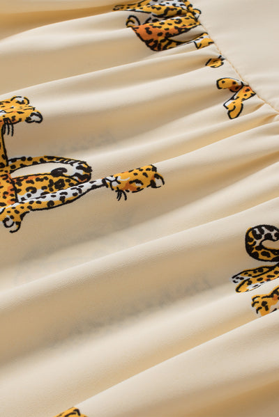 Apricot Cheetah Printed Split Neck Puff Sleeve Blouse