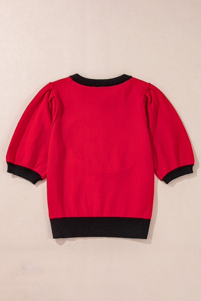 Pink Sequin Rugby Color Block Puff Short Sleeve Sweater