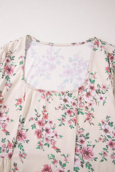 Pink Floral Print Pleated U Neck Loose Fit Blouse