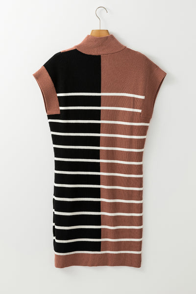 Brown Stripe Color Block Quarter Zip Collar Short Sleeve Sweater Dress