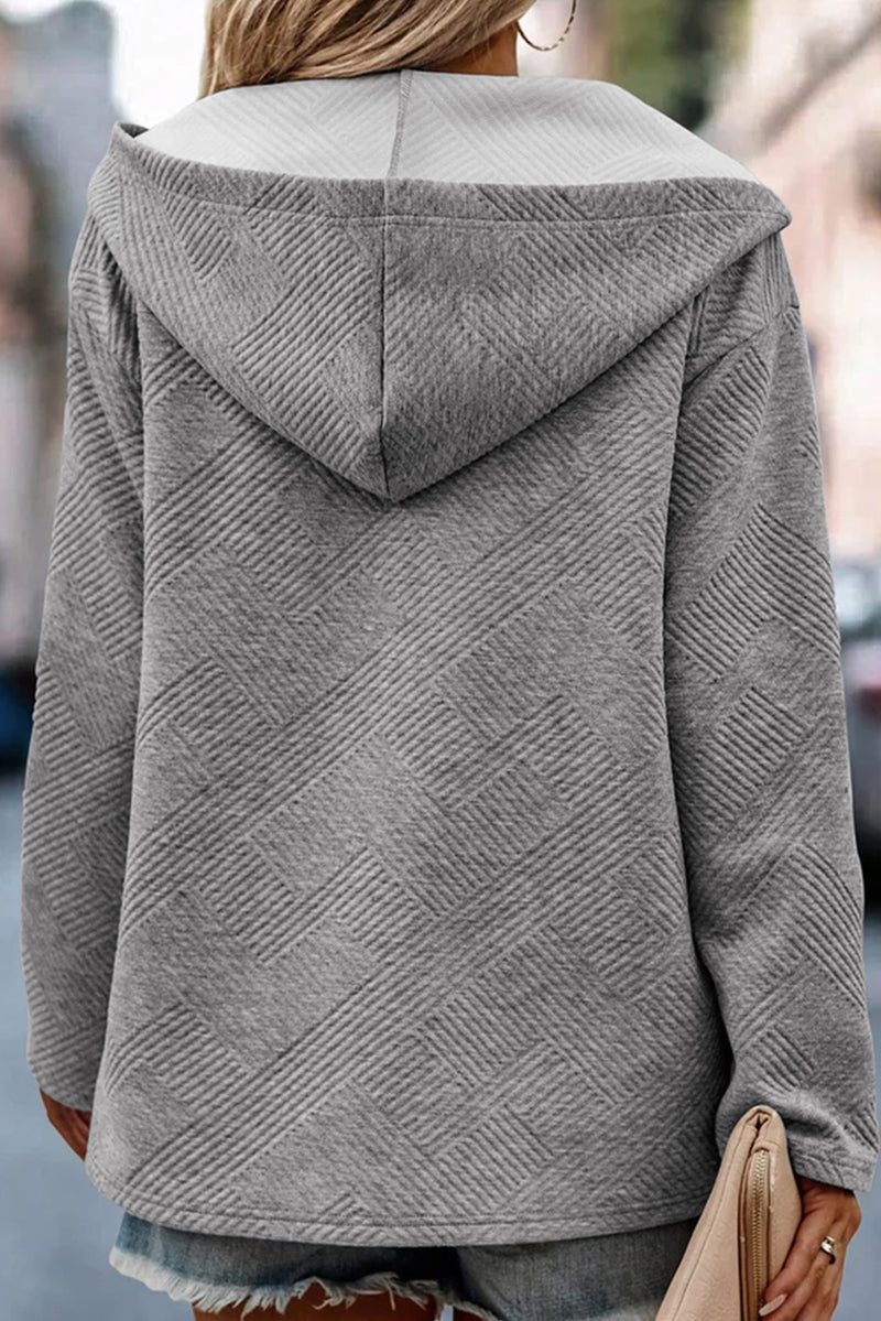 Medium Grey Textured Knit Pin-up Sleeve Pullover Hoodie