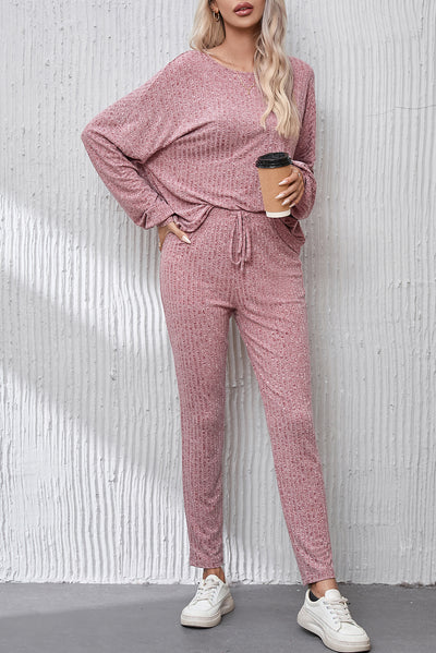 Peach Blossom Ribbed Drop Shoulder Top and Knot Waist Leggings Set