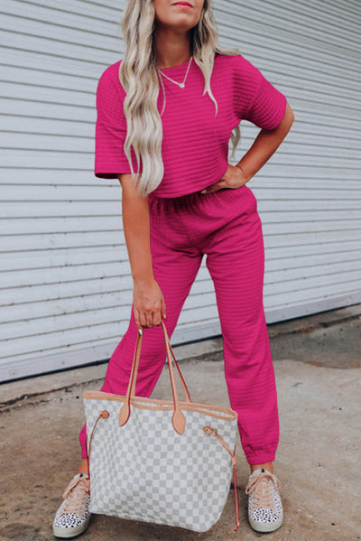Lattice Textured Cropped Tee and Jogger Pants Set