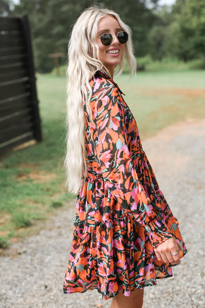 Red Floral Smocked Bishop Sleeve Tassel Mini Dress