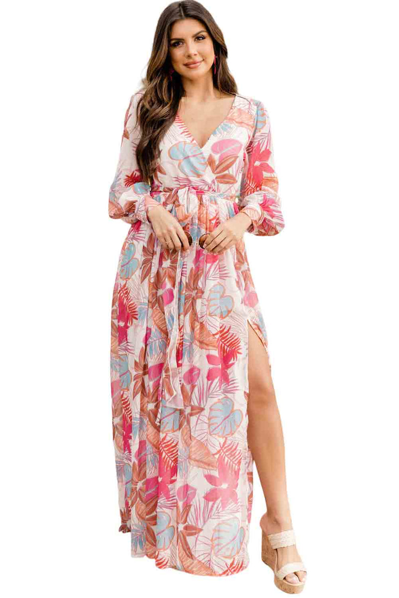 Tropical Plant Print Long Sleeve Wrap V-Neck Slit Maxi Dress