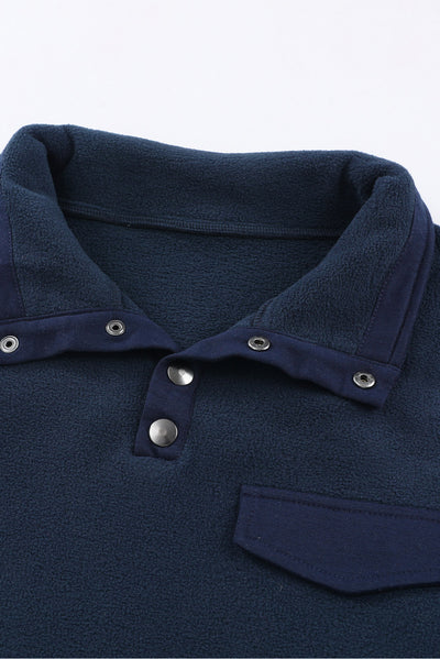 Blue Snap Buttons Pullover Plus Size Fleece Sweatshirt