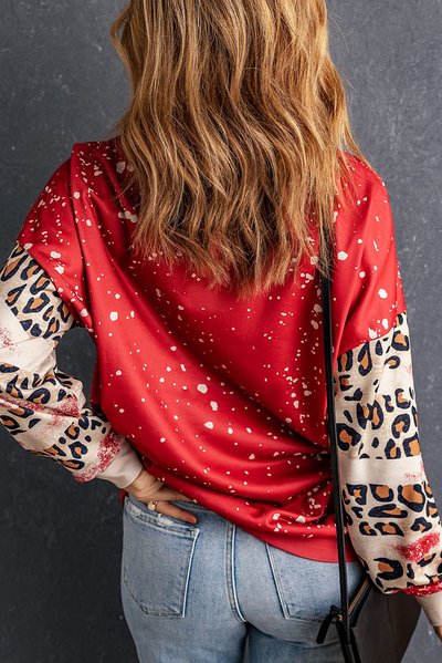 Red Shiny Father Christmas Leopard Sleeve Bleached Dye Sweatshirt