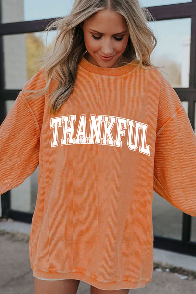 Orange THANKFUL Crew Neck Pullover Sweatshirt