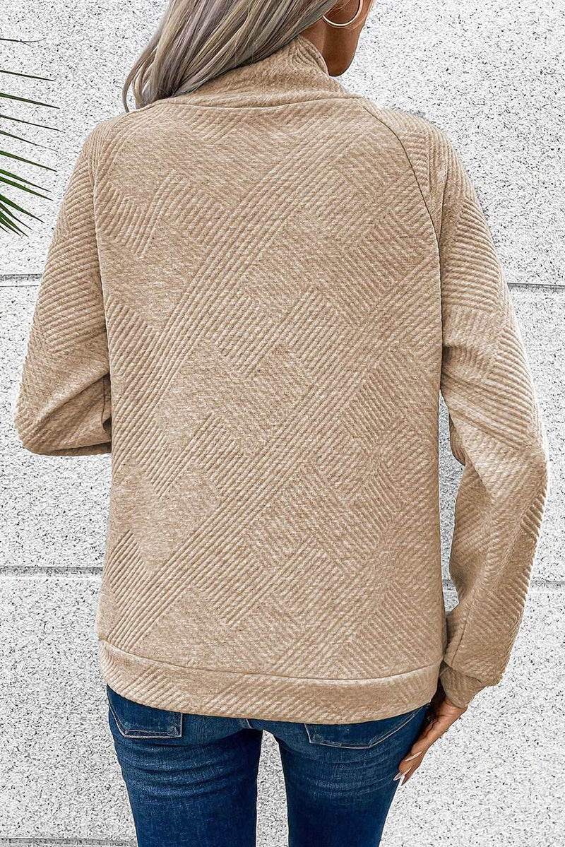 Asymmetric Buttons Detail High Neck Textured Sweatshirt
