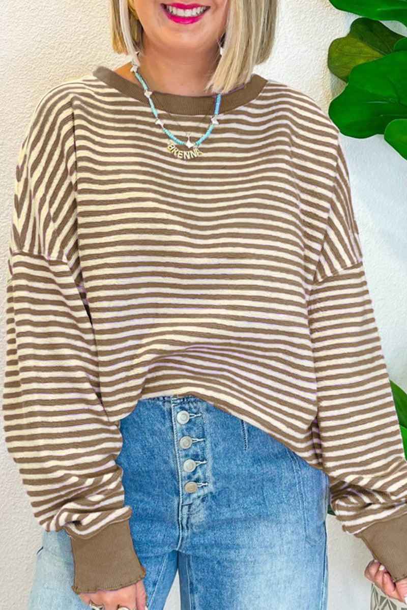 Green Stripe Loose Drop Shoulder Long Sleeve Top