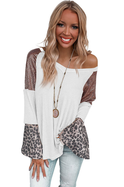 Sequin Patchwork Bell Sleeve V Neck Tunic Top