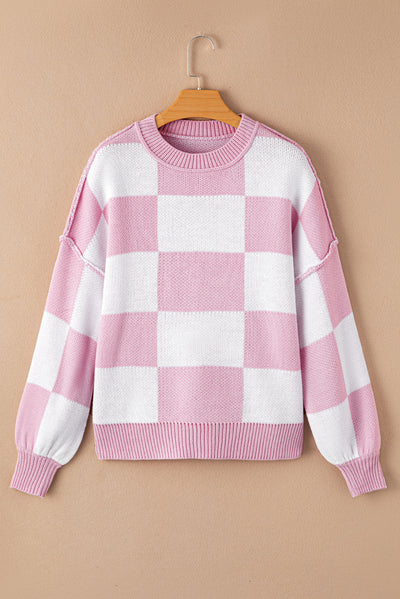 Rose Stripe Checkered Bishop Sleeve Sweater