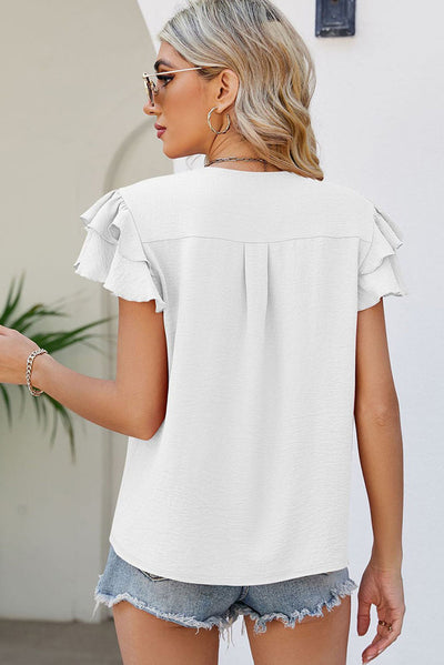 Black V Neck Ruffle Short Sleeve Blouse