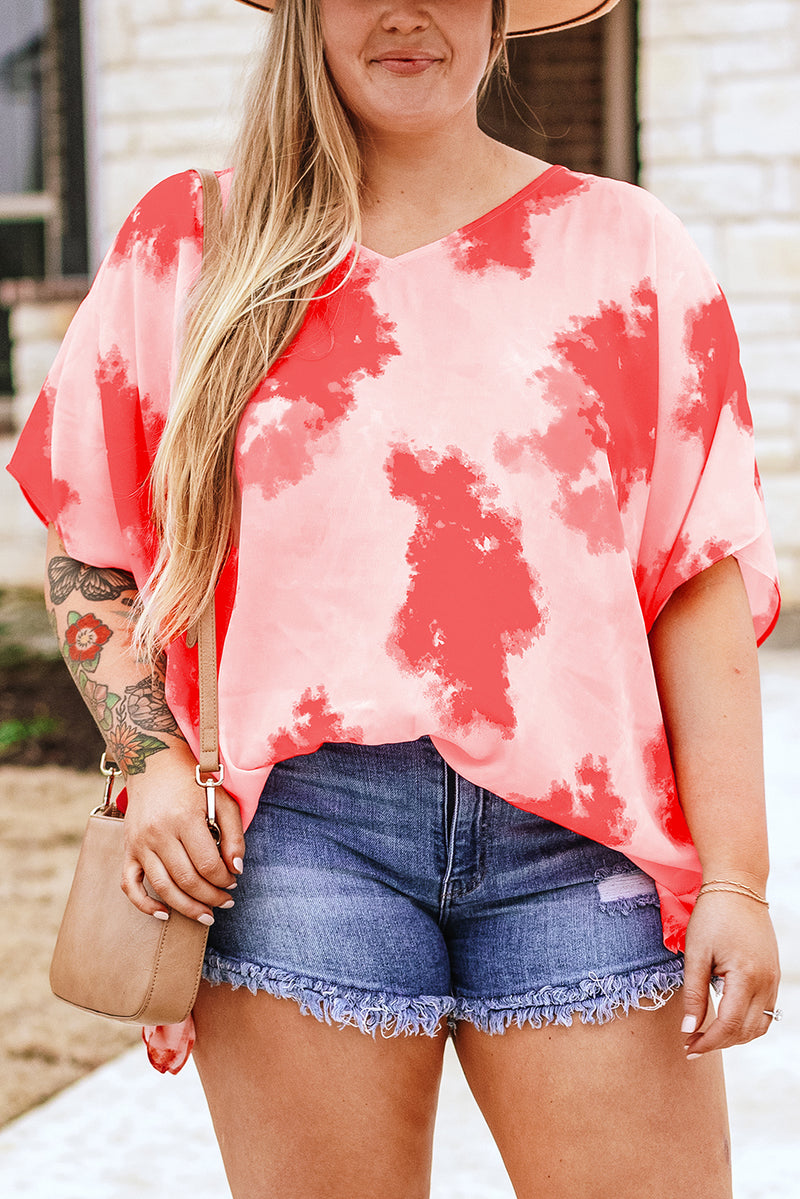 Red Plus Size Tie-dye Print 3/4 Sleeve Tunic Top