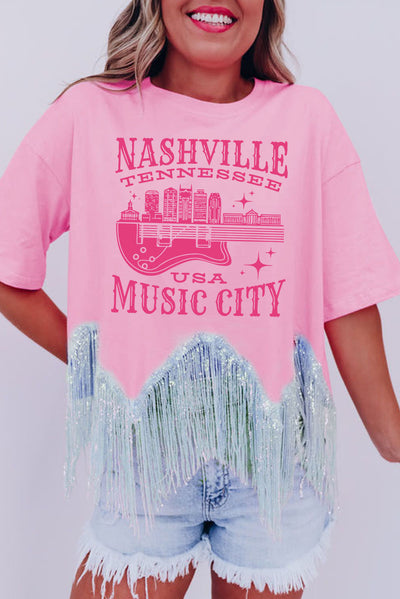 Pink NASHVILE MUSIC CITY Graphic Sequin Fringed Hem Tee