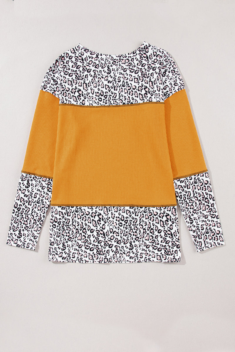 Leopard Print Waffle Knit Patchwork Top