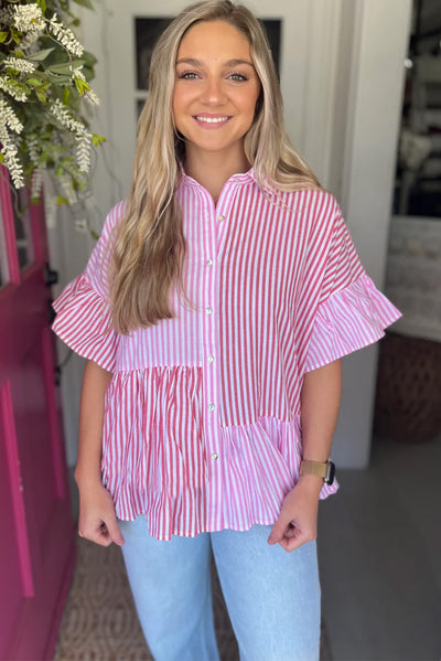 Pink Stripe Striped Patchwork Ruffled Hem Button up Shirt