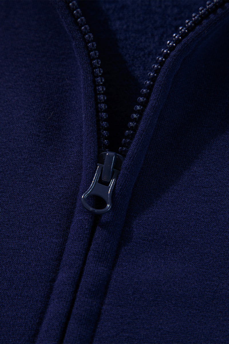 Navy Blue Solid Color Fleece Lined Zip up Hoodie