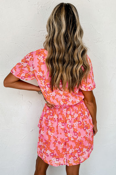 Pink Floral V Neck Short Ruffle Tiered Dress