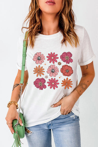 White Flower Graphic Crewneck T Shirt