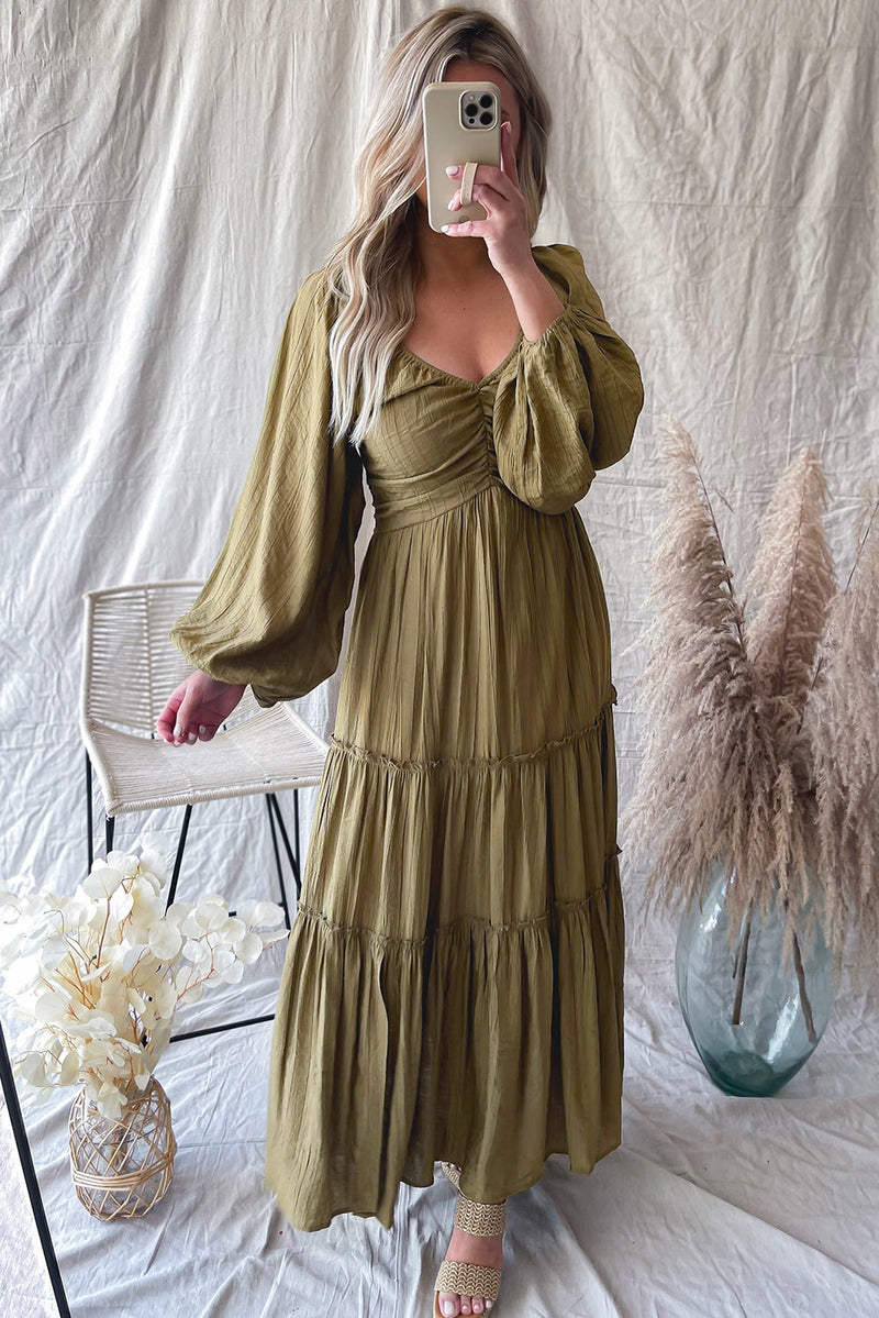 V Neck Bowknot Cutout Frill Tiered Maxi Dress